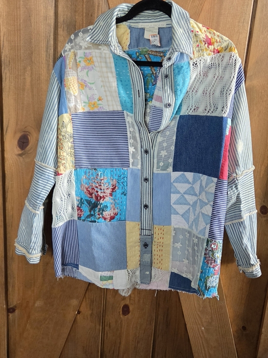 Free People Tops - Free People Tricia Fix  Patchwork Shirt in Blue, Turquoise & Cream